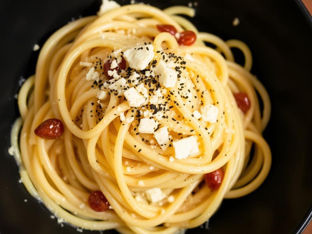 Espaguete à carbonara cremoso com pimenta moída
