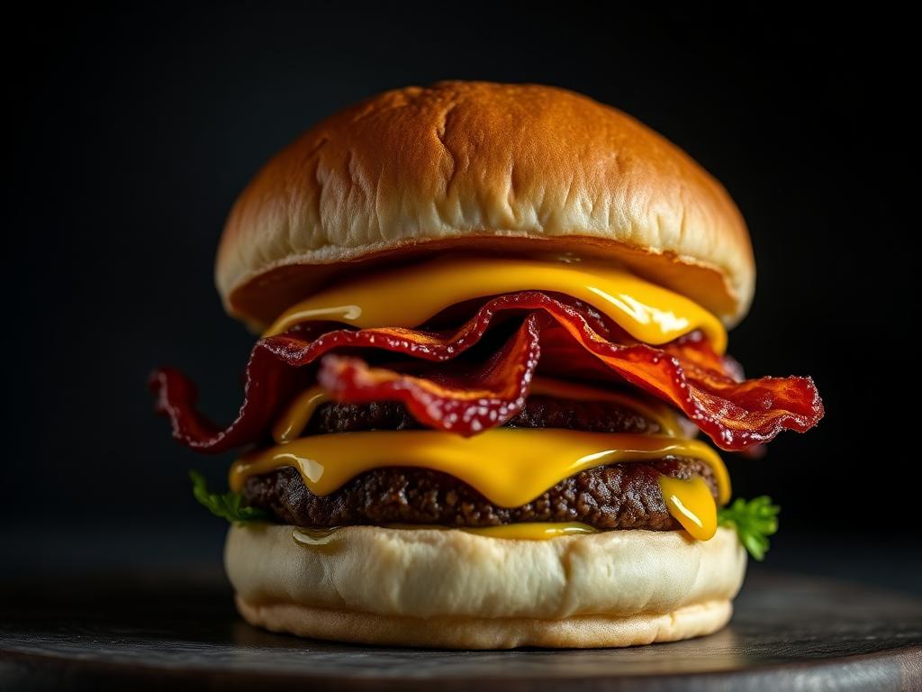 Cheeseburger duplo com bacon crocante saindo pelas laterais do pão