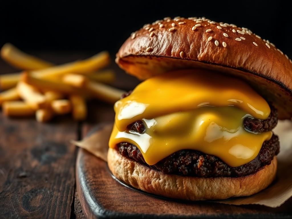 Hambúrguer caseiro com cheddar derretido escorrendo pela carne