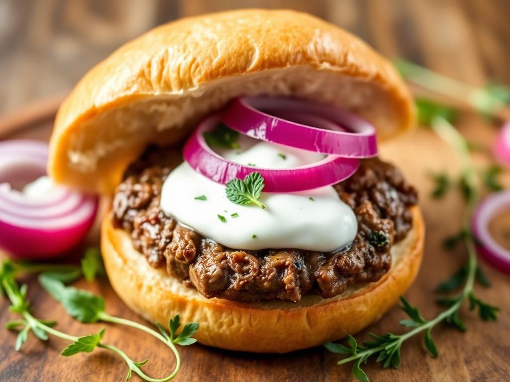 Hambúrguer de cordeiro em pão sírio com molho branco e hortelã