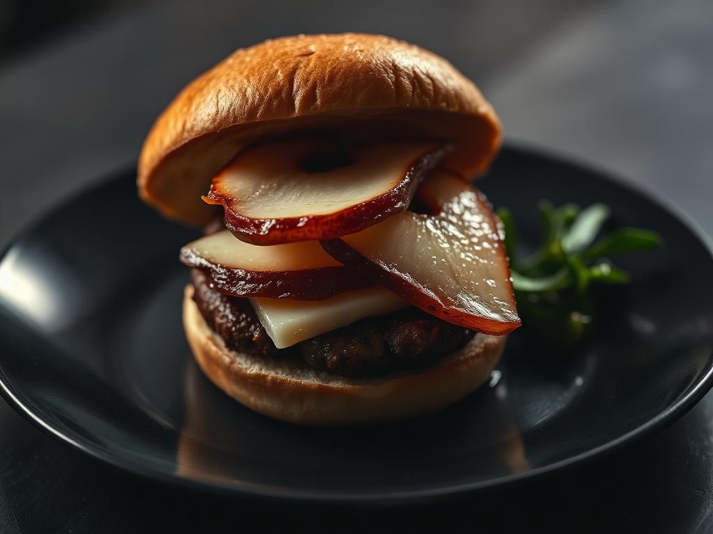 Hambúrguer com gorgonzola derretido e fatias de pera dourada