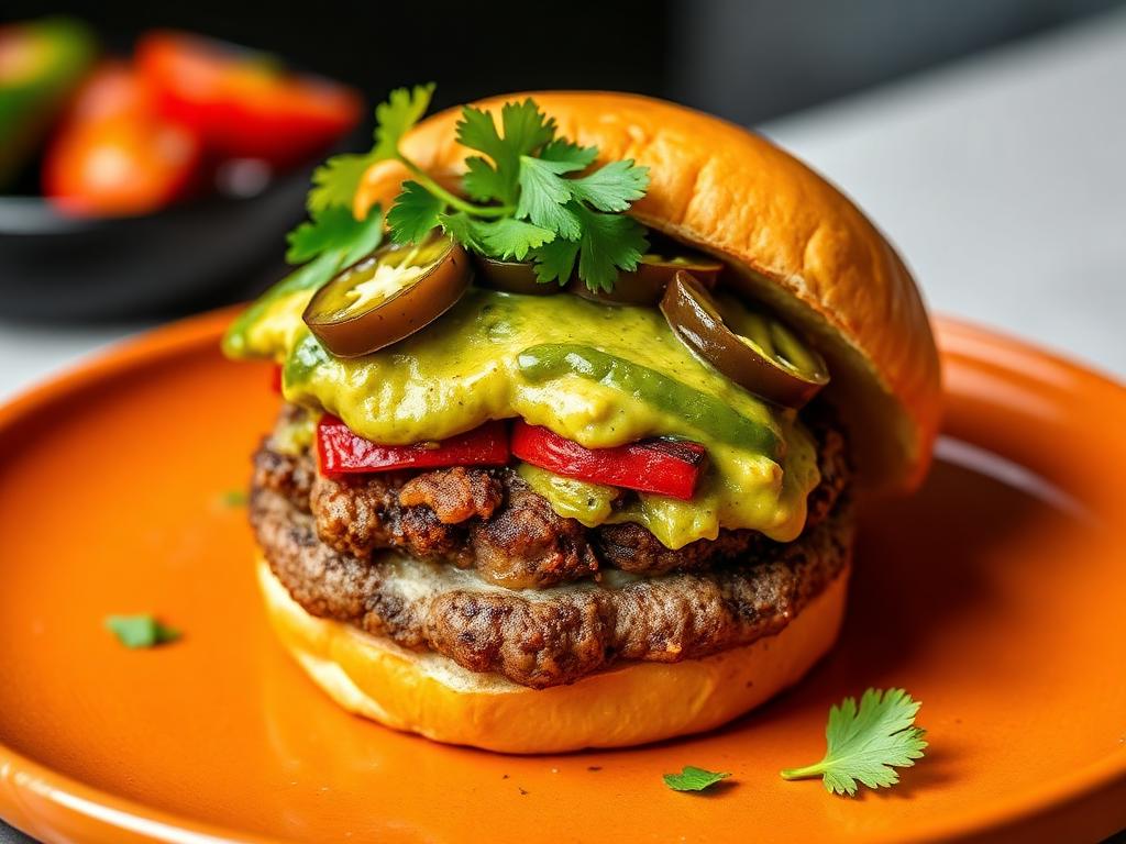 Hambúrguer com guacamole verde e rodelas de jalapeño