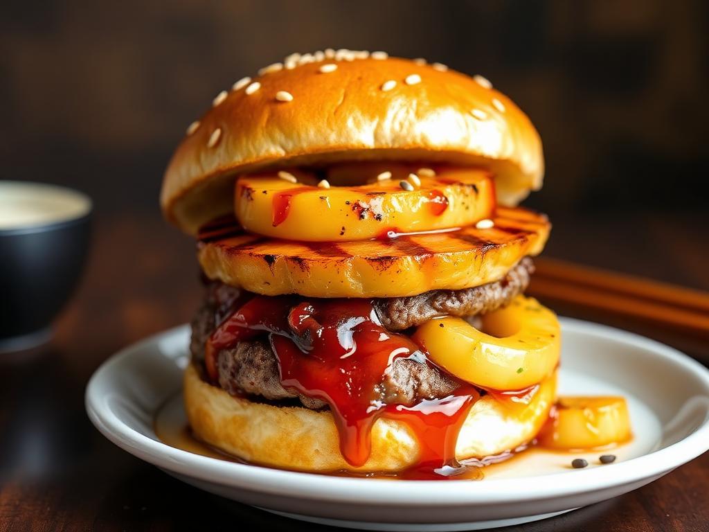 Hambúrguer glaceado com molho teriyaki brilhante e cebolinha