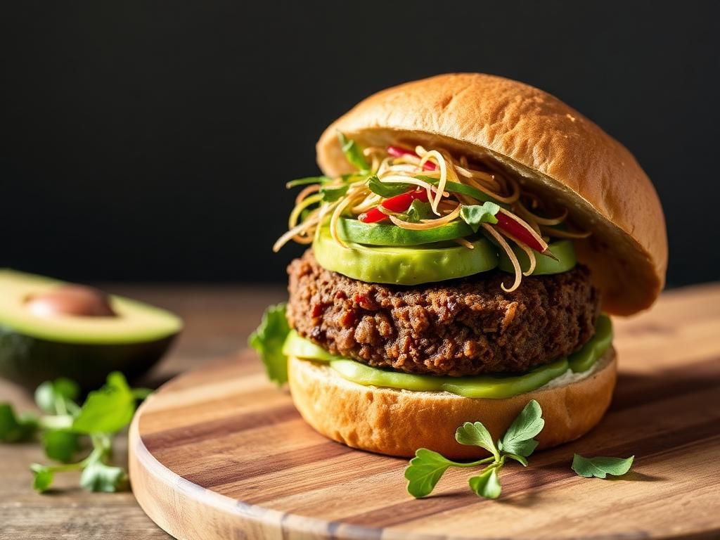 Hambúrguer vegetariano de feijão preto com tomate e rúcula
