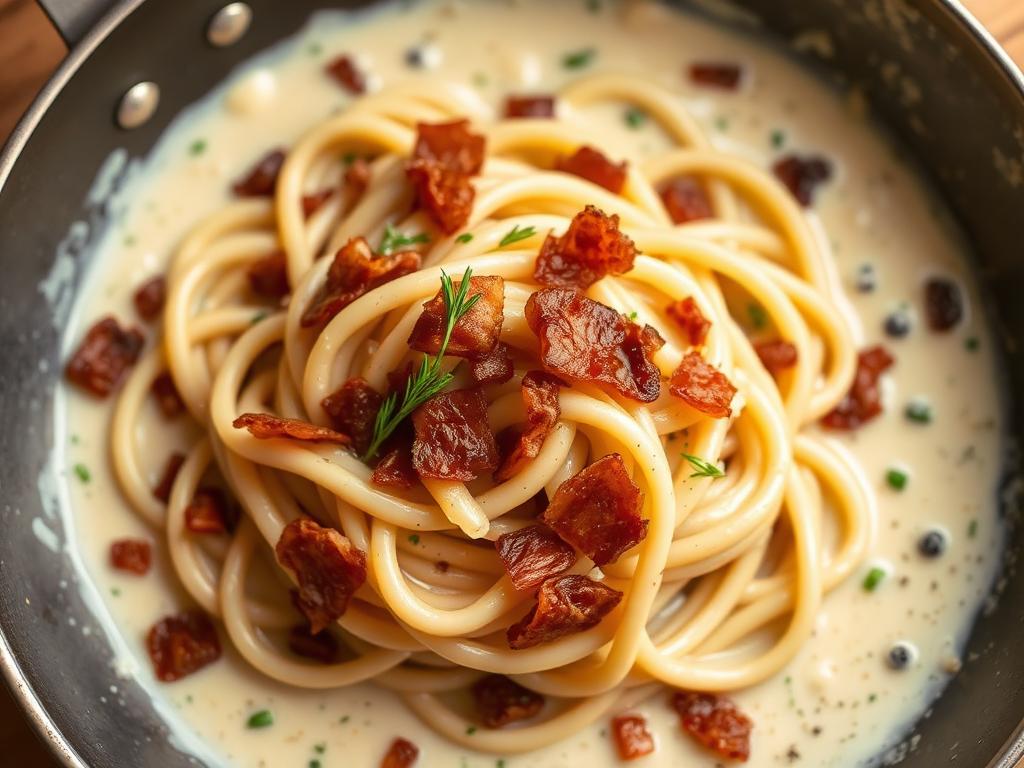 Massa com anéis de alho-poró e cubos de bacon