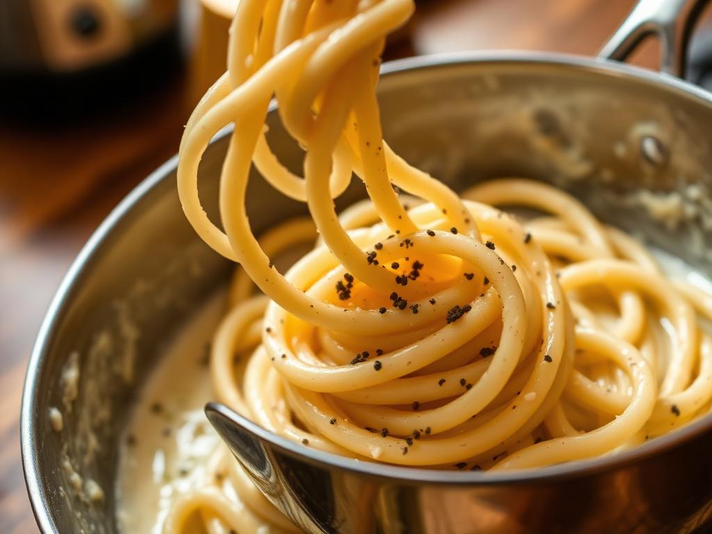 Prato de cacio e pepe cremoso com pimenta moída