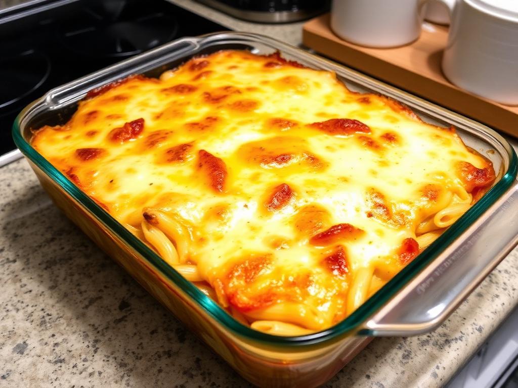 Travessa de macarrão de forno gratinado com queijo dourado