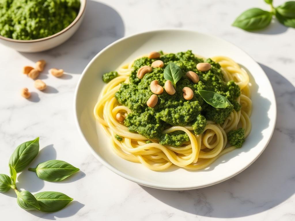 Massa verde envolvida em pesto de manjericão