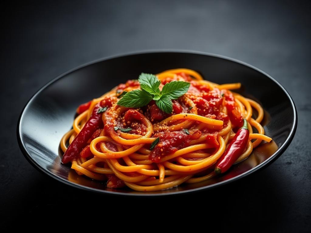 Penne com molho vermelho picante e salsinha