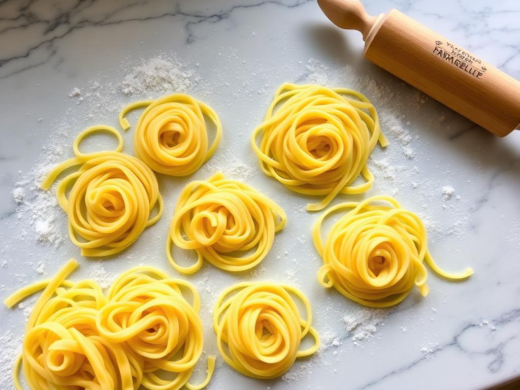 Massa fresca cortada em tagliatelle sobre bancada