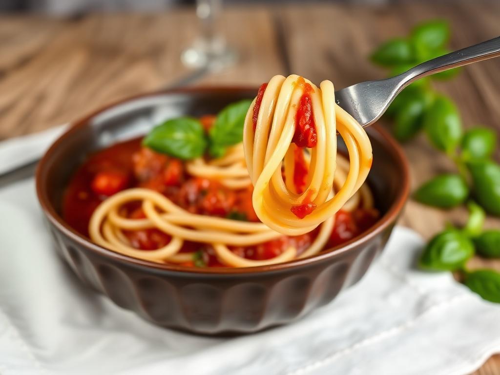 Garfo enrolando tagliatelle fresco com molho de tomate em prato escuro