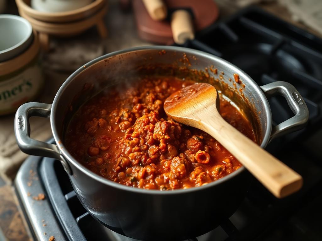 Panela com molho à bolonhesa espesso