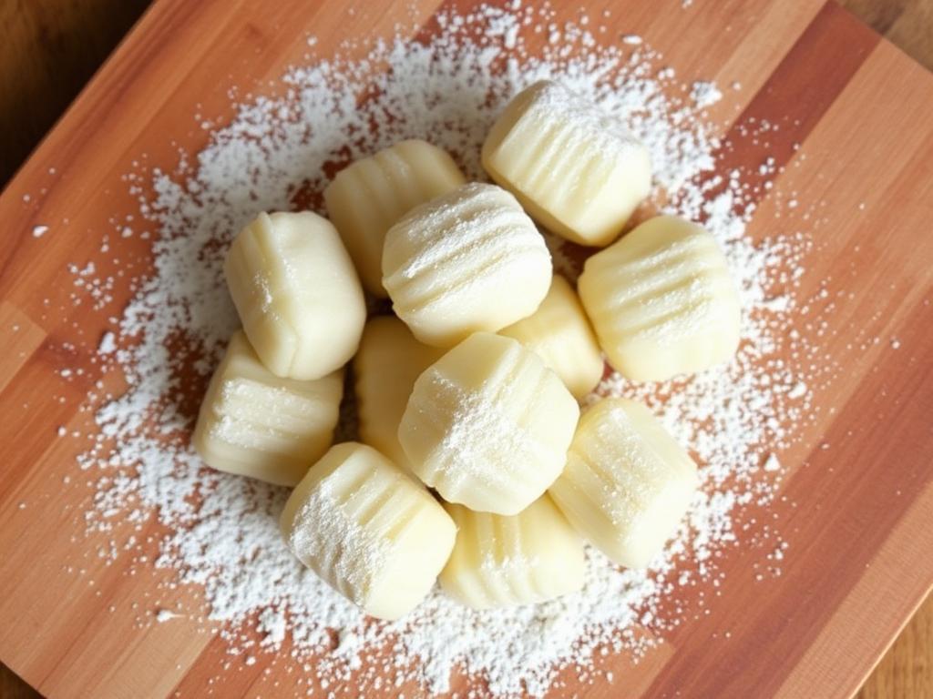 Nhoques de batata polvilhados com farinha sobre a bancada