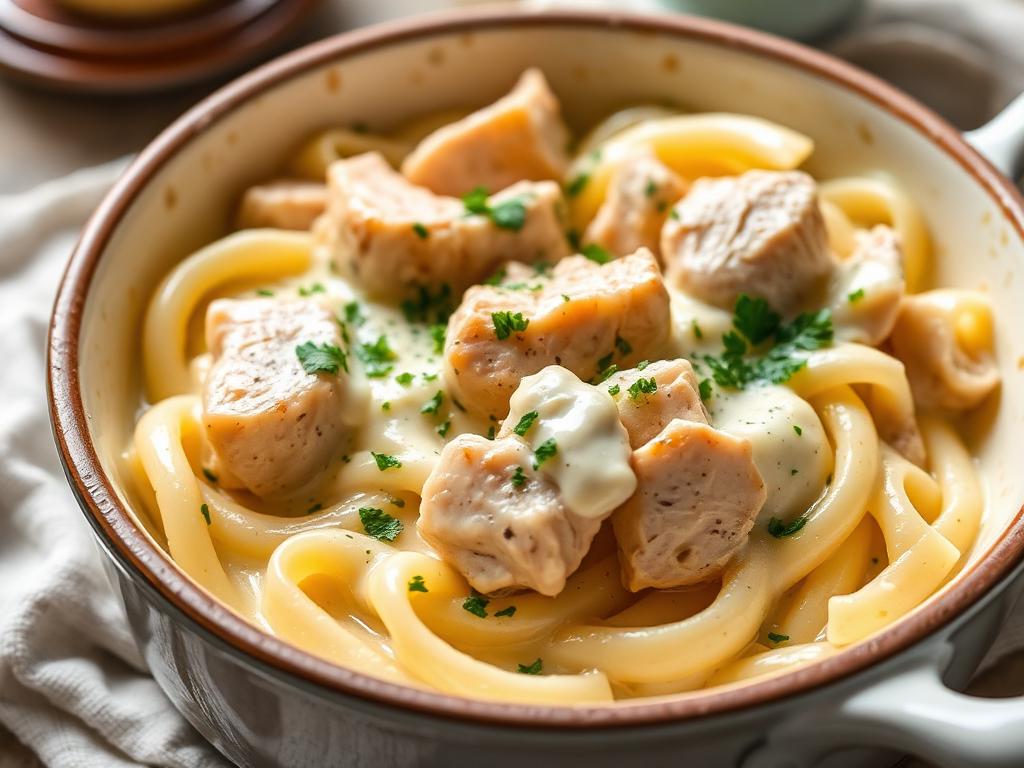 Penne cremoso ao molho branco com pedaços de frango