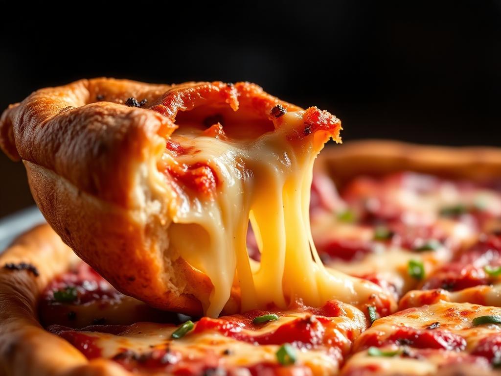 Pizza com borda recheada dourada e queijo aparecendo