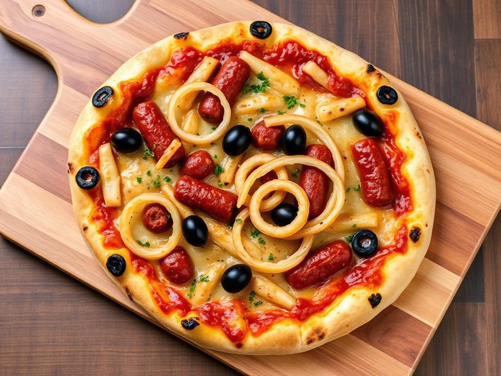 Pizza de calabresa com rodelas de cebola e azeitonas
