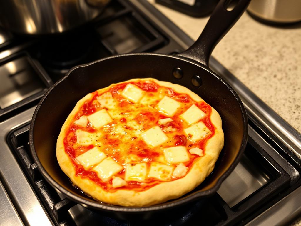 Pizza pequena assando em frigideira com queijo derretido