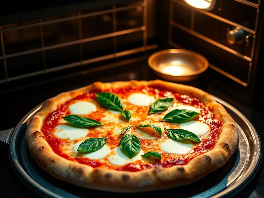 Pizza margherita assada com muçarela derretida e folhas de manjericão