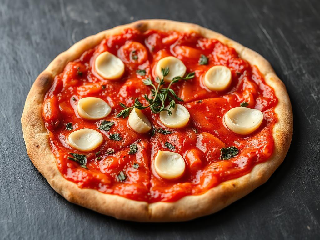 Pizza marinara vermelha com alho fatiado e orégano