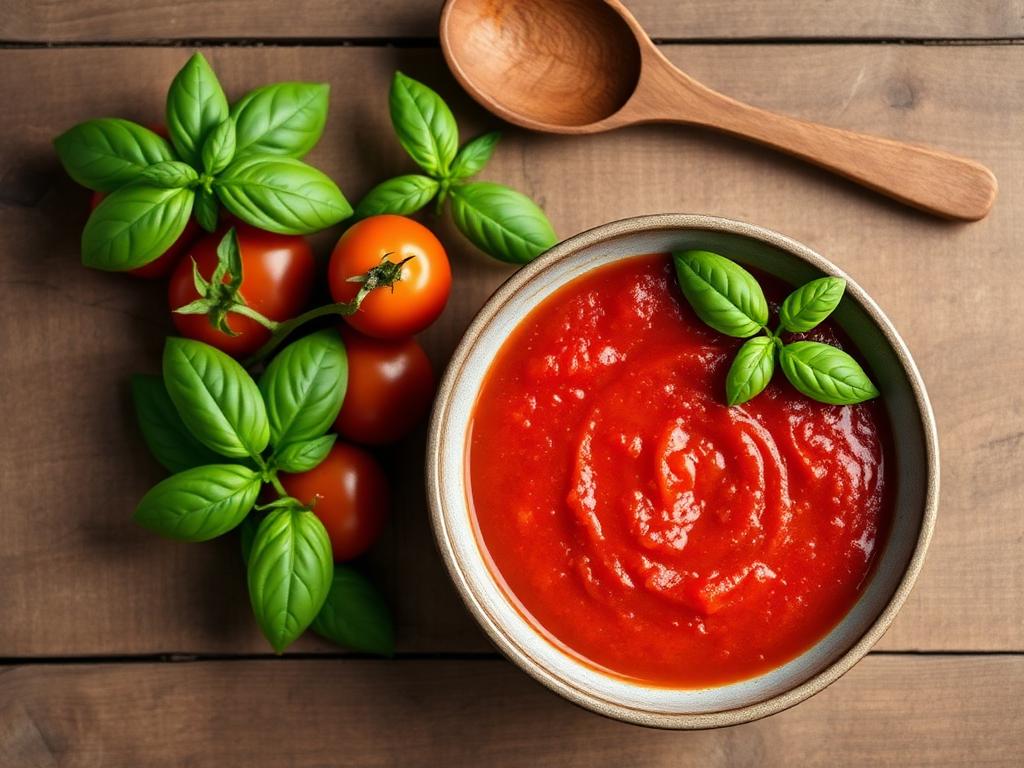 Tigela de molho de tomate vermelho ao lado de manjericão