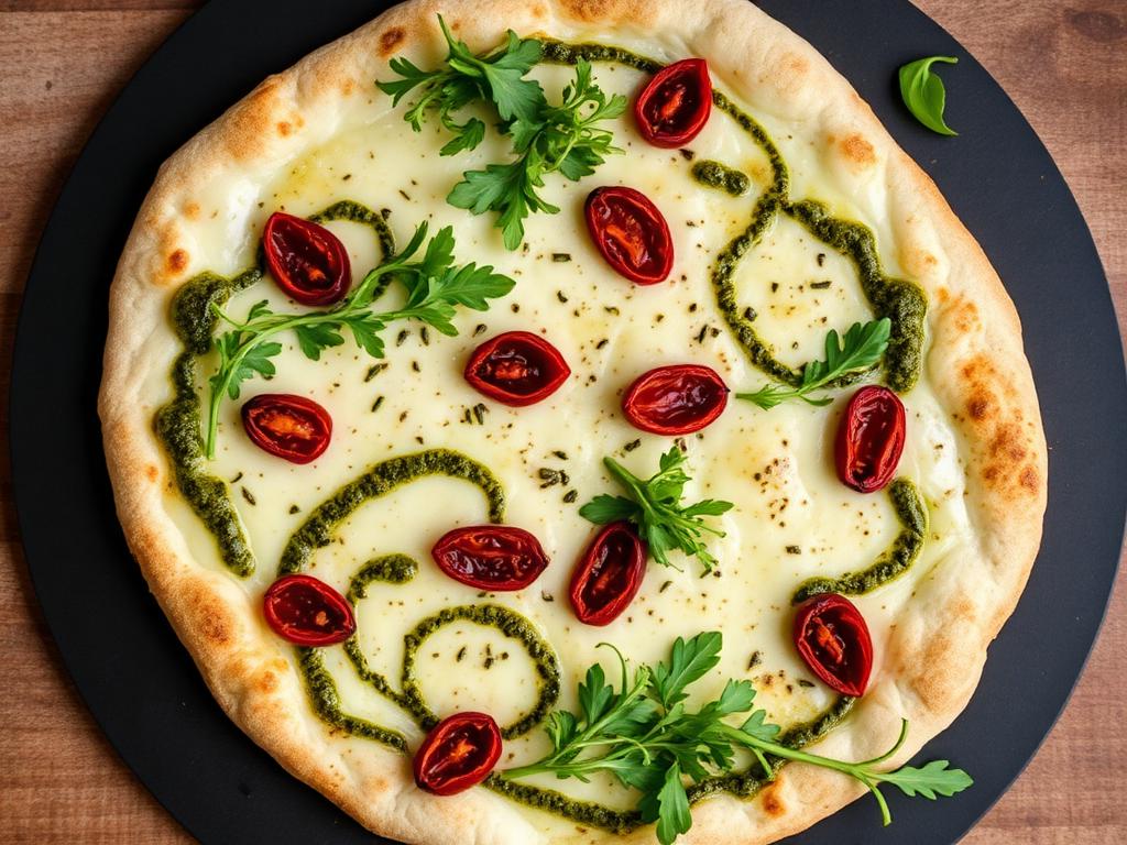 Pizza branca com pesto verde, tomate seco e rúcula