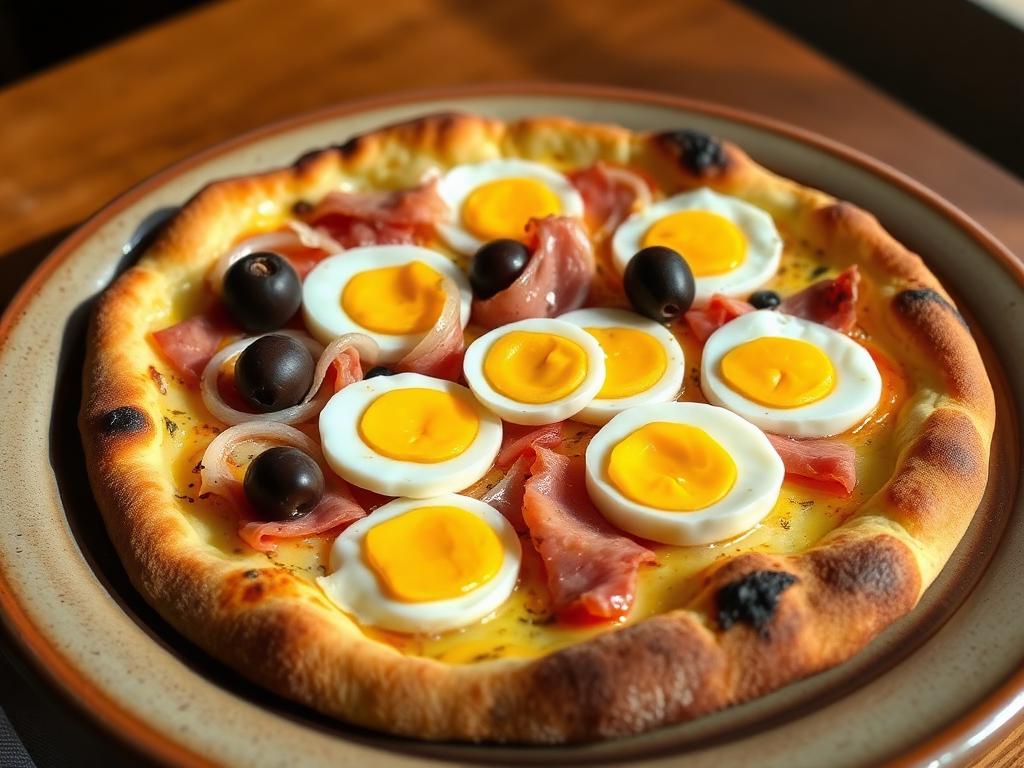 Pizza portuguesa com fatias de ovo cozido e presunto