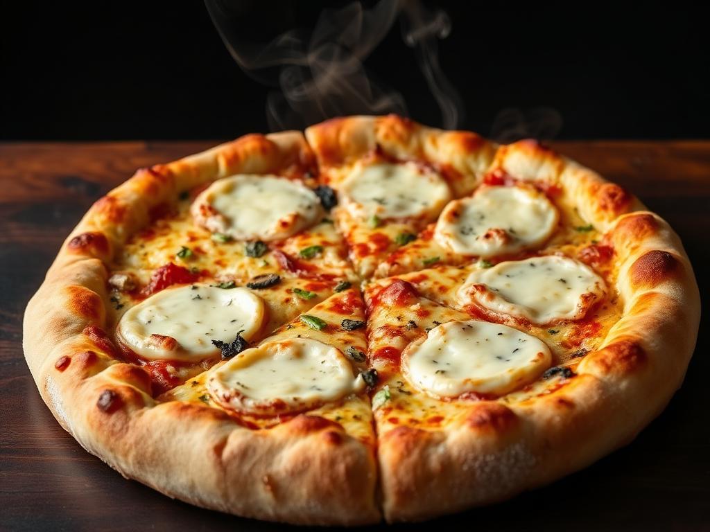 Pizza quatro queijos gratinada com pontos de gorgonzola