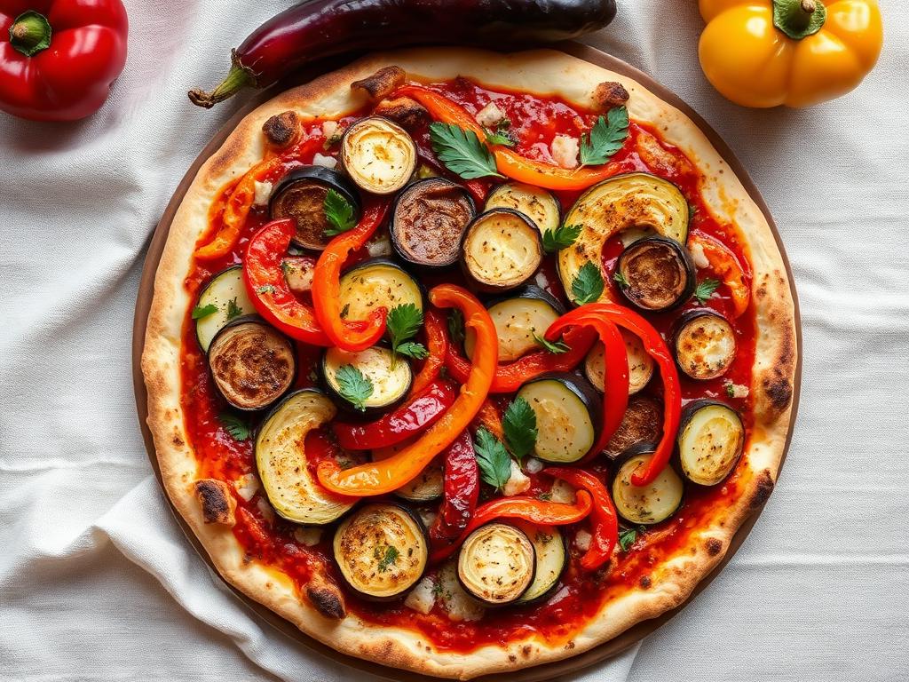 Pizza com legumes assados coloridos por cima do queijo