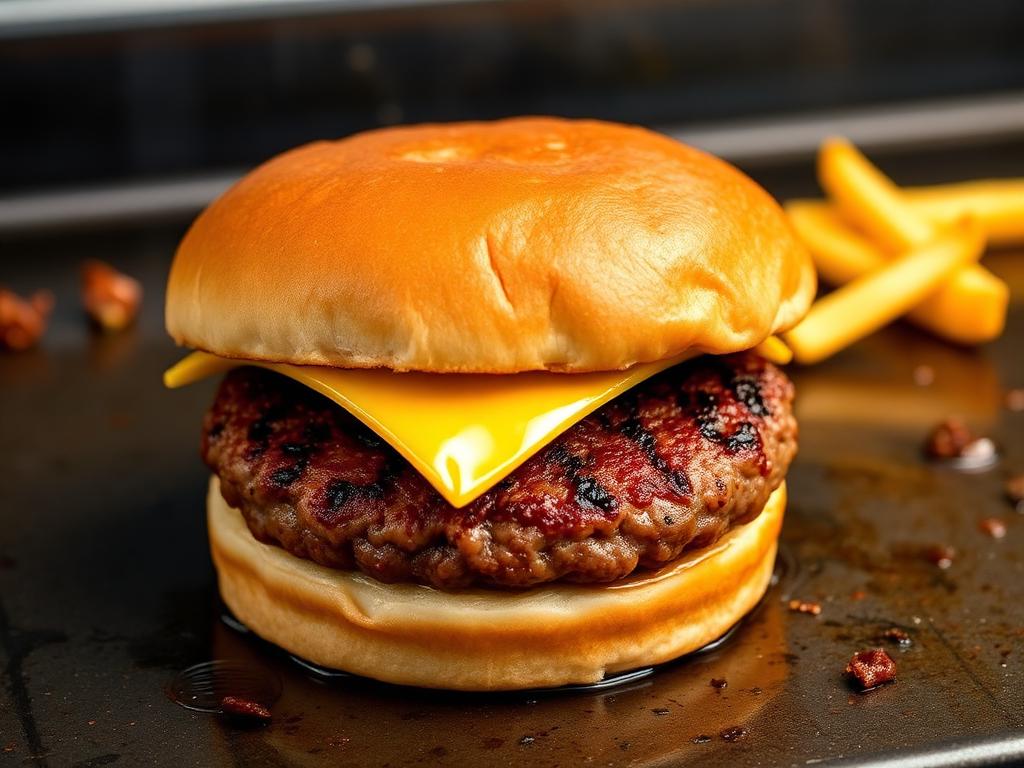 Smash burger com queijo derretido e crosta escura na carne